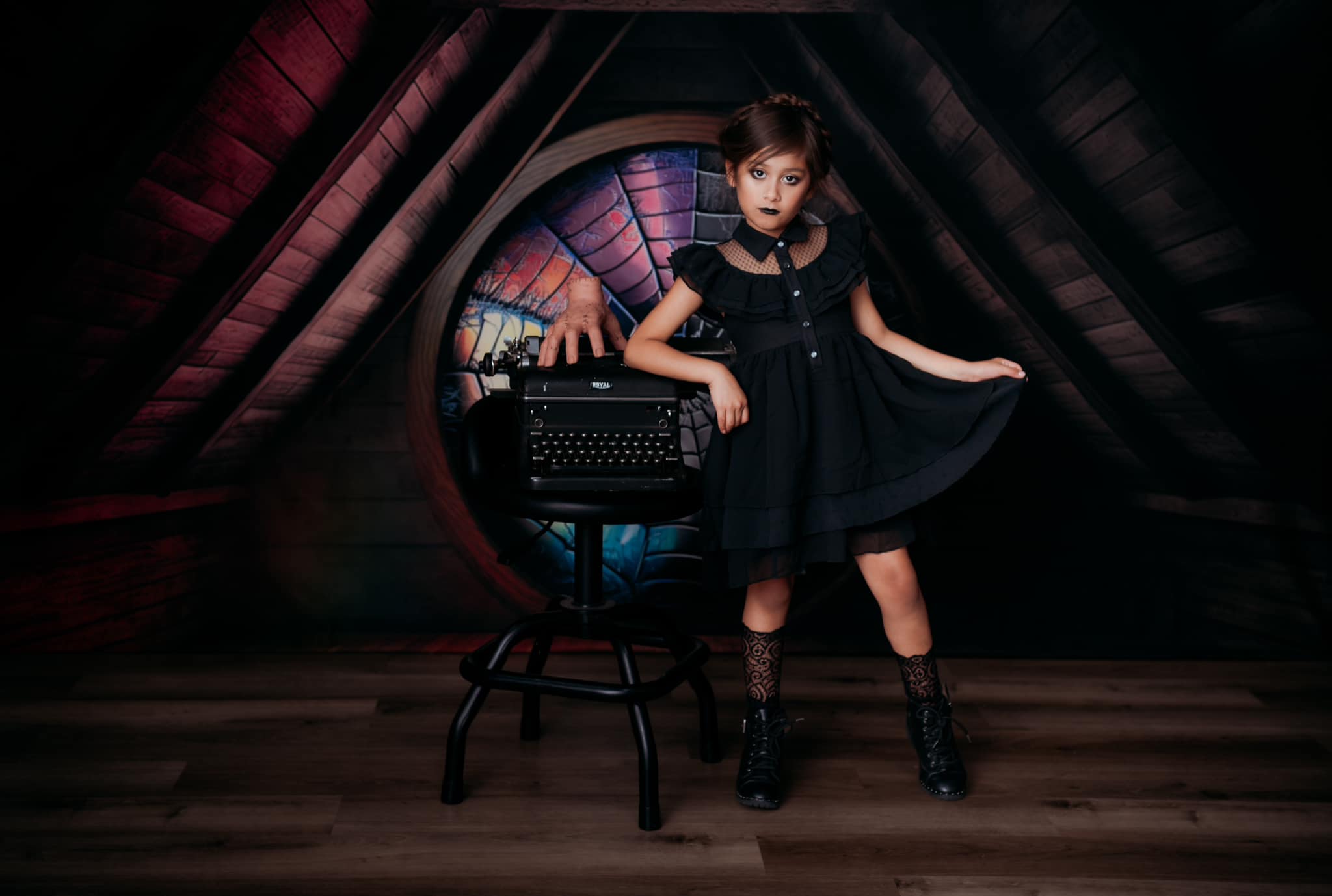 Kate Spooky Halloween Backdrop Attic Dorm Room Colorful Spiderweb Window Designed by Mini MakeBelieve - Kate Backdrop AU