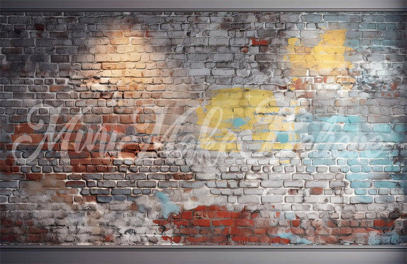 Kate Painterly Blue and Yellow Brick Wall Boy Cakesmash Birthday Backdrop Designed by Mini MakeBelieve - Kate Backdrop AU