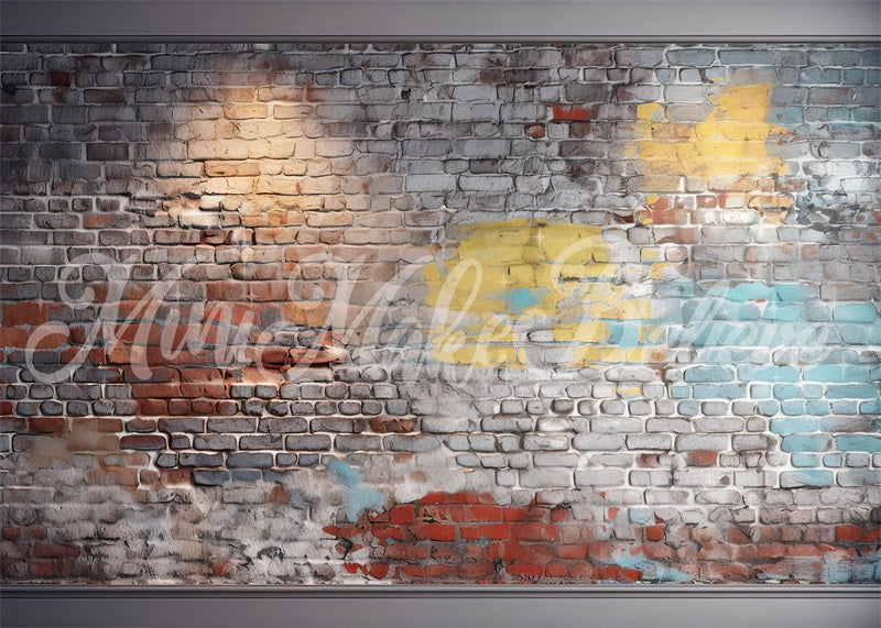 Kate Painterly Blue and Yellow Brick Wall Boy Cakesmash Birthday Backdrop Designed by Mini MakeBelieve - Kate Backdrop AU
