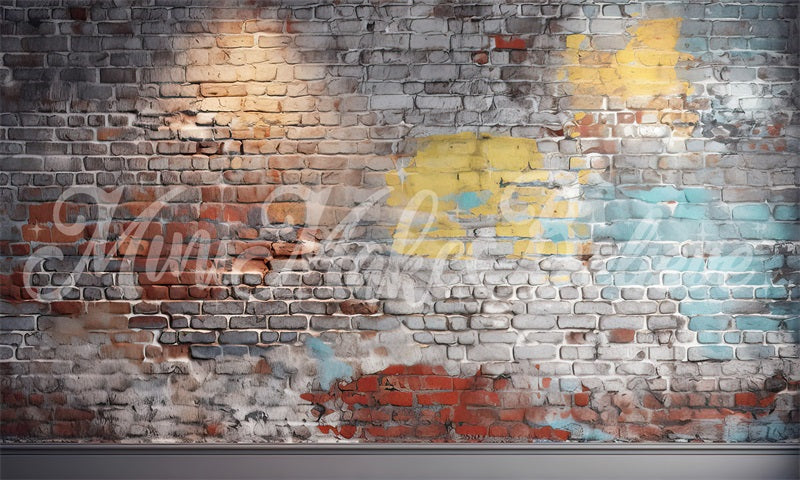 Kate Painterly Blue and Yellow Brick Wall Boy Cakesmash Birthday Backdrop Designed by Mini MakeBelieve - Kate Backdrop AU