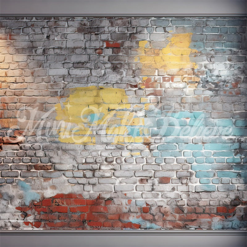 Kate Painterly Blue and Yellow Brick Wall Boy Cakesmash Birthday Backdrop Designed by Mini MakeBelieve - Kate Backdrop AU