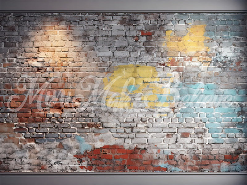 Kate Painterly Blue and Yellow Brick Wall Boy Cakesmash Birthday Backdrop Designed by Mini MakeBelieve - Kate Backdrop AU