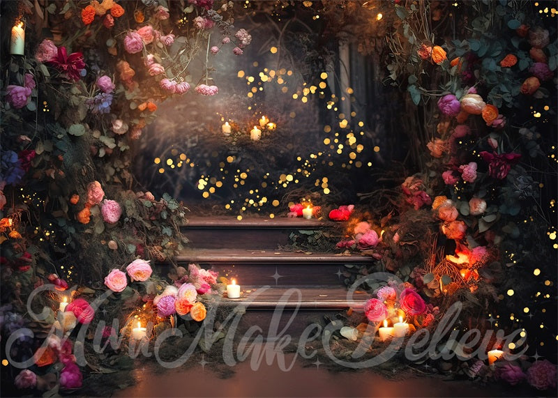 Kate Fine Art Forest Floral Backdrop Fairy Lights on Stairs Designed by Mini MakeBelieve