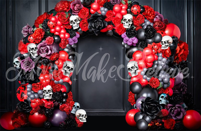 Kate Halloween Dia Dead Spooky Skull Balloon Floral Arch Backdrop Designed by Mini MakeBelieve - Kate Backdrop AU