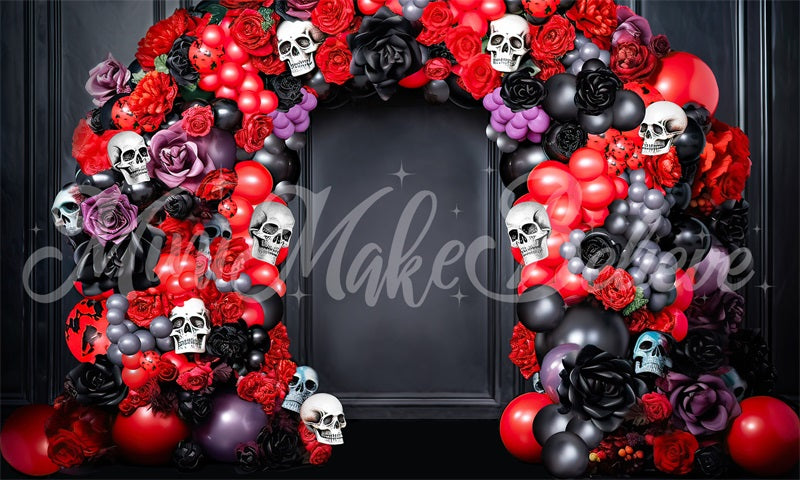 Kate Halloween Dia Dead Spooky Skull Balloon Floral Arch Backdrop Designed by Mini MakeBelieve - Kate Backdrop AU
