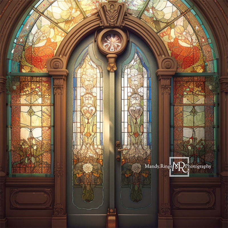 Kate Retro Church Door Backdrop Arched Stained Glass Designed by Mandy Ringe Photography - Kate Backdrop AU