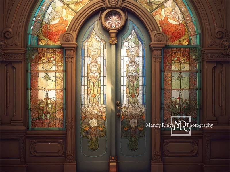 Kate Retro Church Door Backdrop Arched Stained Glass Designed by Mandy Ringe Photography - Kate Backdrop AU