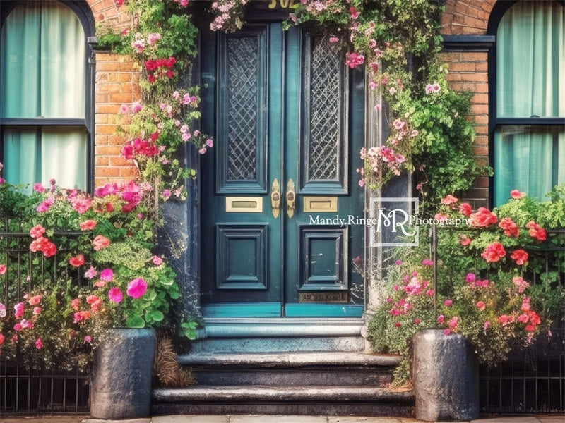 Kate Colorful Spring Backdrop Flowers Teal Door Designed by Mandy Ringe Photography - Kate Backdrop AU