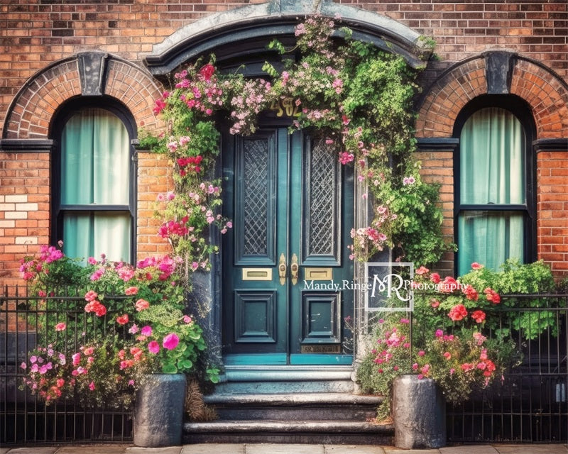 Kate Colorful Spring Backdrop Flowers Teal Door Designed by Mandy Ringe Photography - Kate Backdrop AU