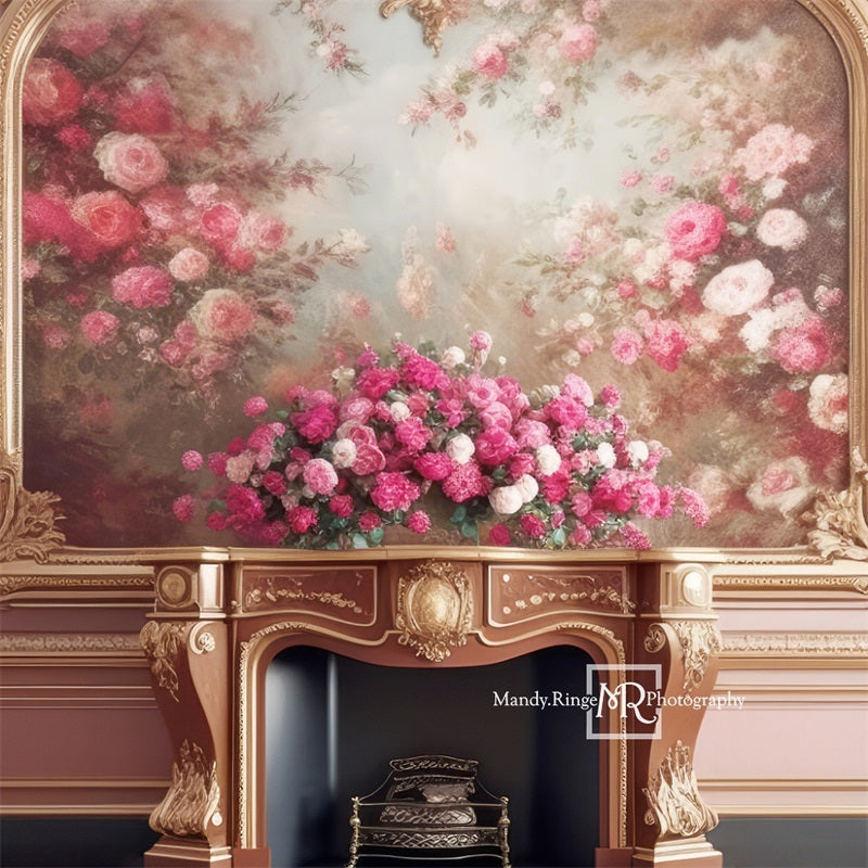 Kate Pink Gold Floral Victorian Fireplace Backdrop Designed by Mandy Ringe Photography - Kate Backdrop AU