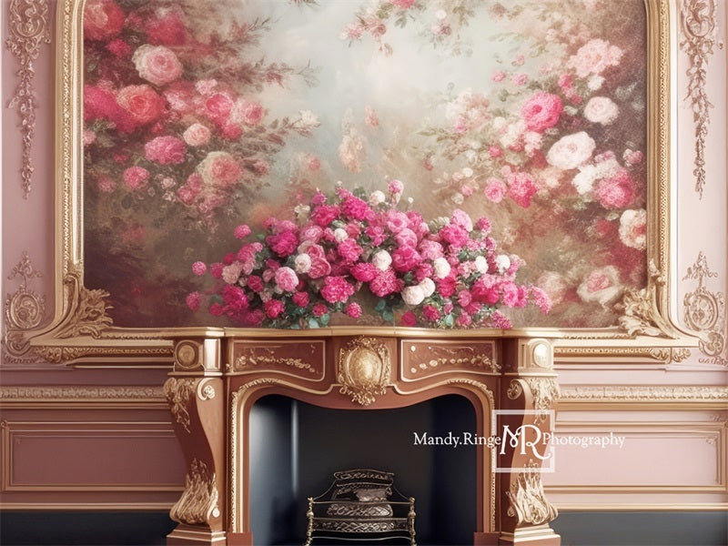 Kate Pink Gold Floral Victorian Fireplace Backdrop Designed by Mandy Ringe Photography - Kate Backdrop AU