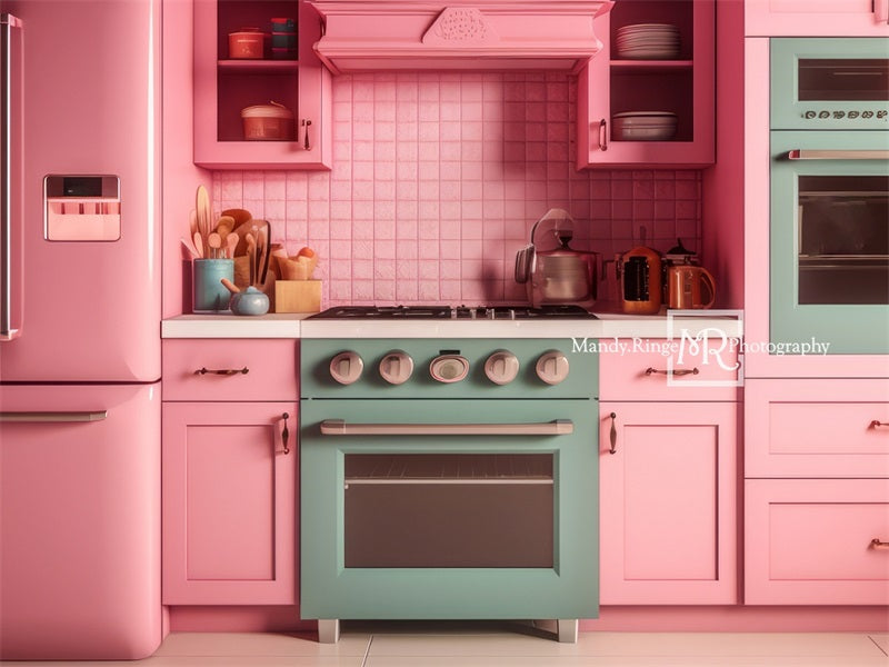 Kate Pink Dollhouse Kitchen Backdrop Designed by Mandy Ringe Photography - Kate Backdrop AU
