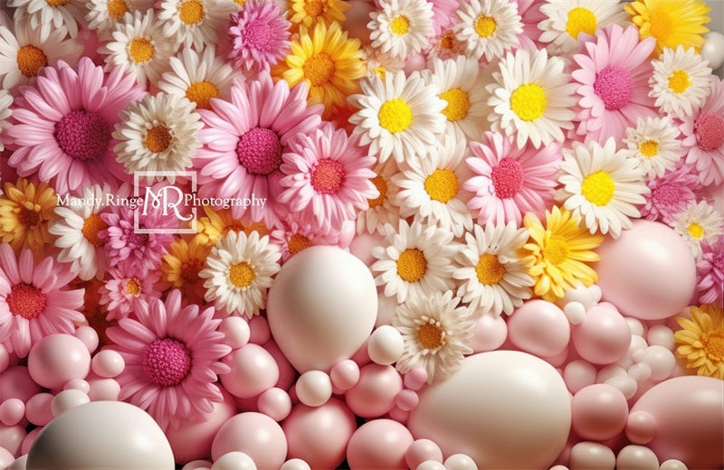 Kate Pink Yellow White Balloon Wall Daisies Backdrop Designed by Mandy Ringe Photography - Kate Backdrop AU