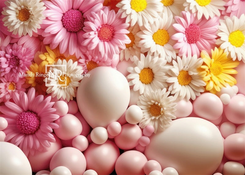 Kate Pink Yellow White Balloon Wall Daisies Backdrop Designed by Mandy Ringe Photography - Kate Backdrop AU