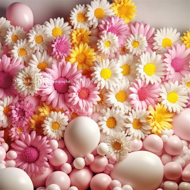 Kate Pink Yellow White Balloon Wall Daisies Backdrop Designed by Mandy Ringe Photography - Kate Backdrop AU