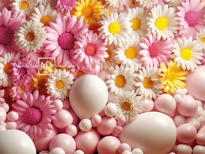 Kate Pink Yellow White Balloon Wall Daisies Backdrop Designed by Mandy Ringe Photography - Kate Backdrop AU
