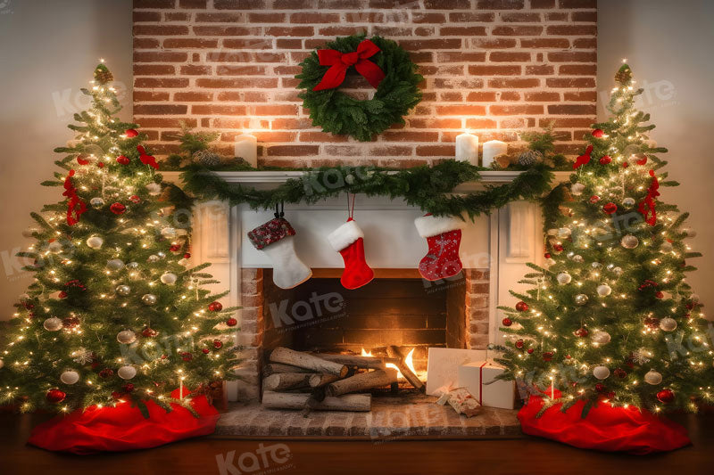 Kate Christmas Fireplace Socks Backdrop for Photography - Kate Backdrop AU