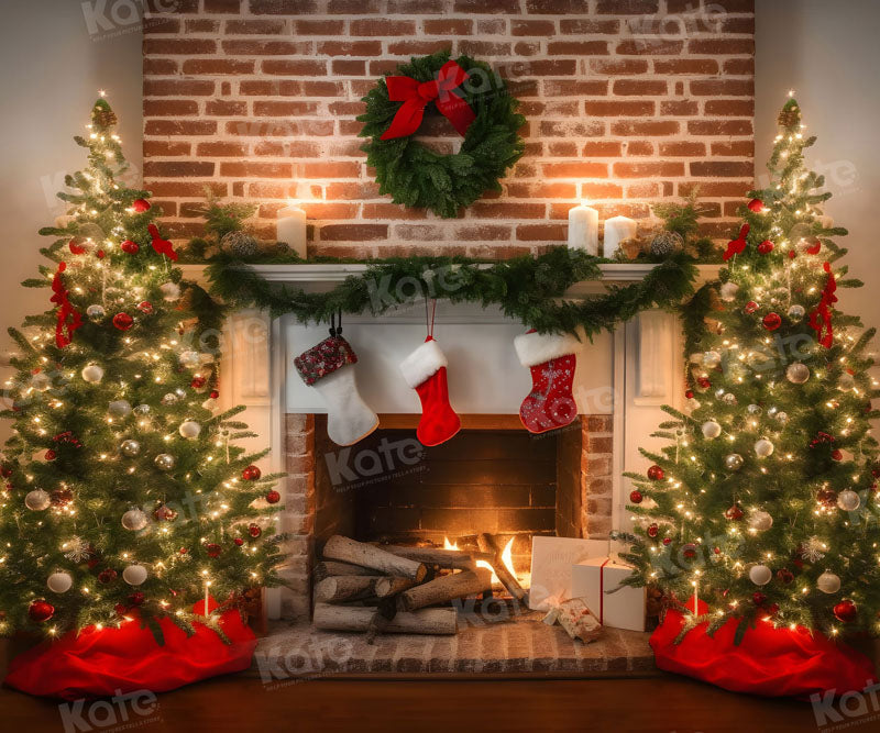 Kate Christmas Fireplace Socks Backdrop for Photography - Kate Backdrop AU