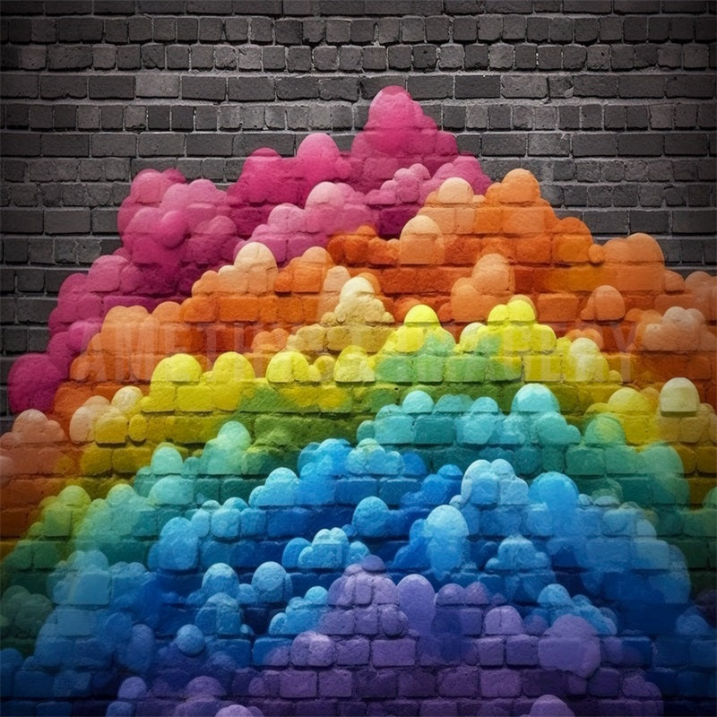 Kate Brick Wall Rainbow Backdrop Painted Clouds Designed by Angela Marie Photography - Kate Backdrop AU