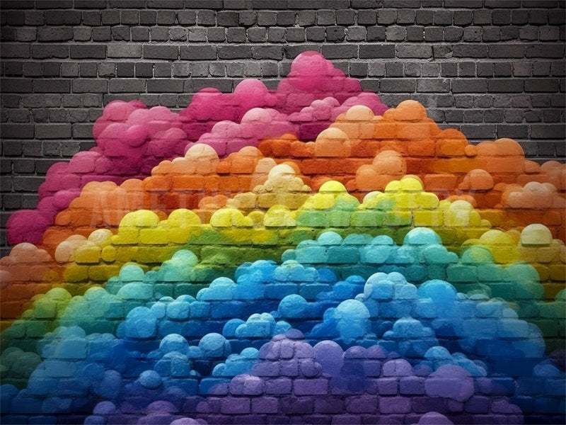 Kate Brick Wall Rainbow Backdrop Painted Clouds Designed by Angela Marie Photography - Kate Backdrop AU