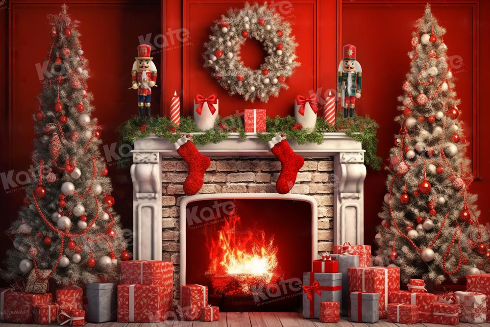 Kate Red Christmas Tree Fireplace Backdrop Designed by Chain Photography - Kate Backdrop AU