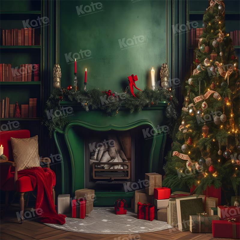 Kate Green Fireplace Backdrop Christmas Tree Bookshelf for Photography - Kate Backdrop AU