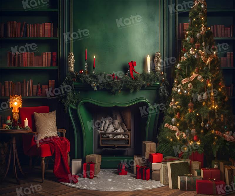 Kate Green Fireplace Backdrop Christmas Tree Bookshelf for Photography - Kate Backdrop AU