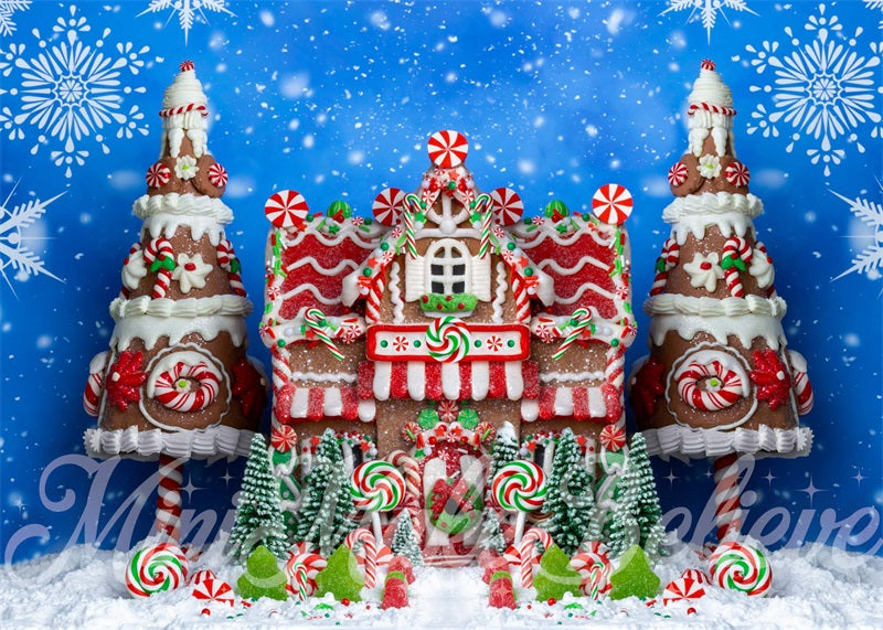 Kate Gingerbread House Backdrop Christmas Blue Snow Winter Designed by Mini MakeBelieve - Kate Backdrop AU