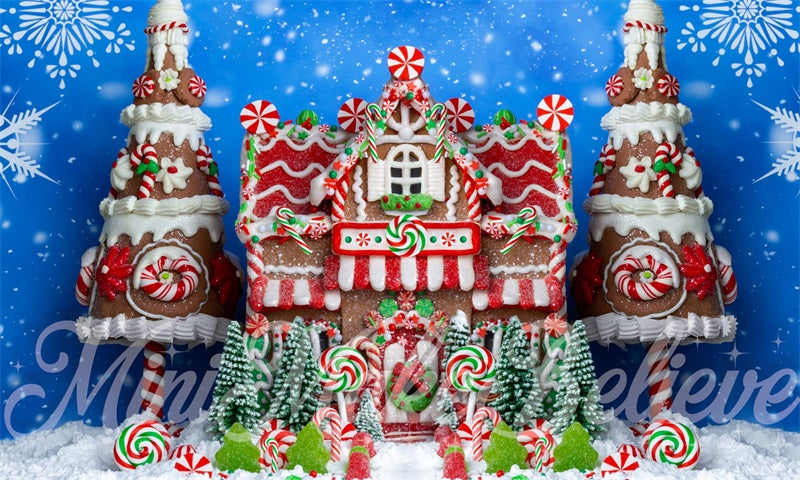 Kate Gingerbread House Backdrop Christmas Blue Snow Winter Designed by Mini MakeBelieve - Kate Backdrop AU