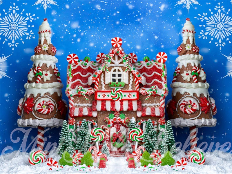 Kate Gingerbread House Backdrop Christmas Blue Snow Winter Designed by Mini MakeBelieve - Kate Backdrop AU