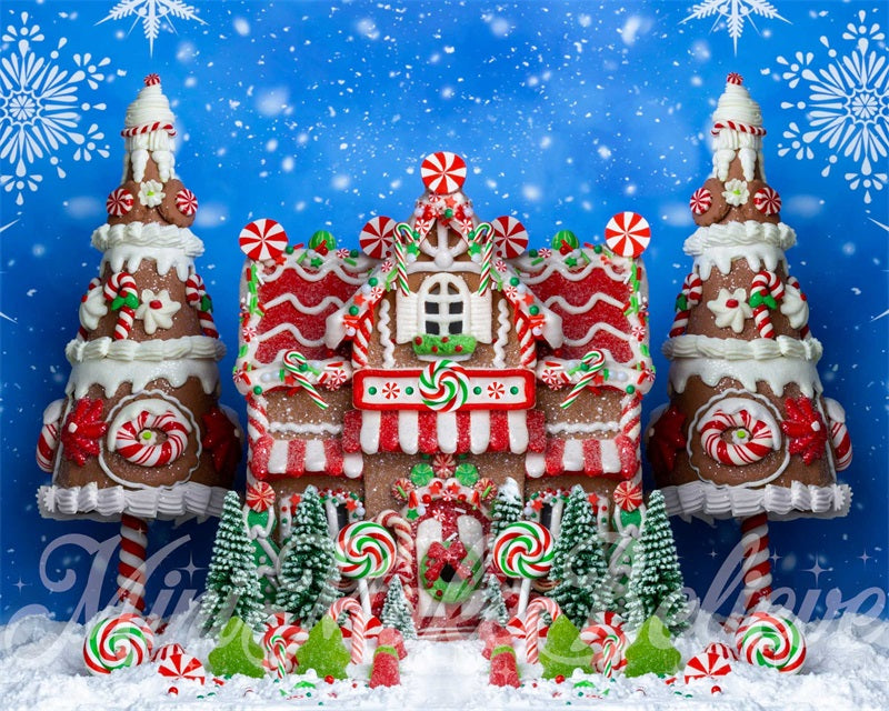 Kate Gingerbread House Backdrop Christmas Blue Snow Winter Designed by Mini MakeBelieve - Kate Backdrop AU