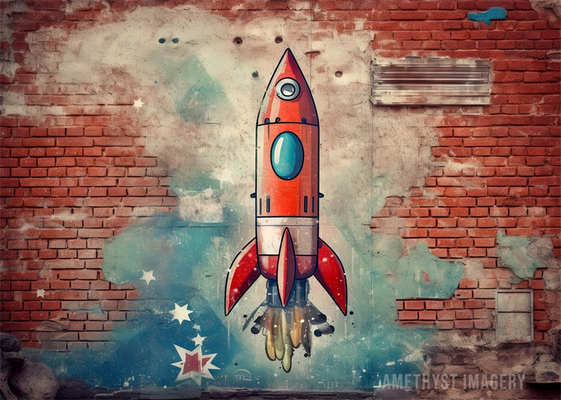 Kate Rocketship Painted Brick Wall Backdrop Designed by Angela Marie Photography - Kate Backdrop AU