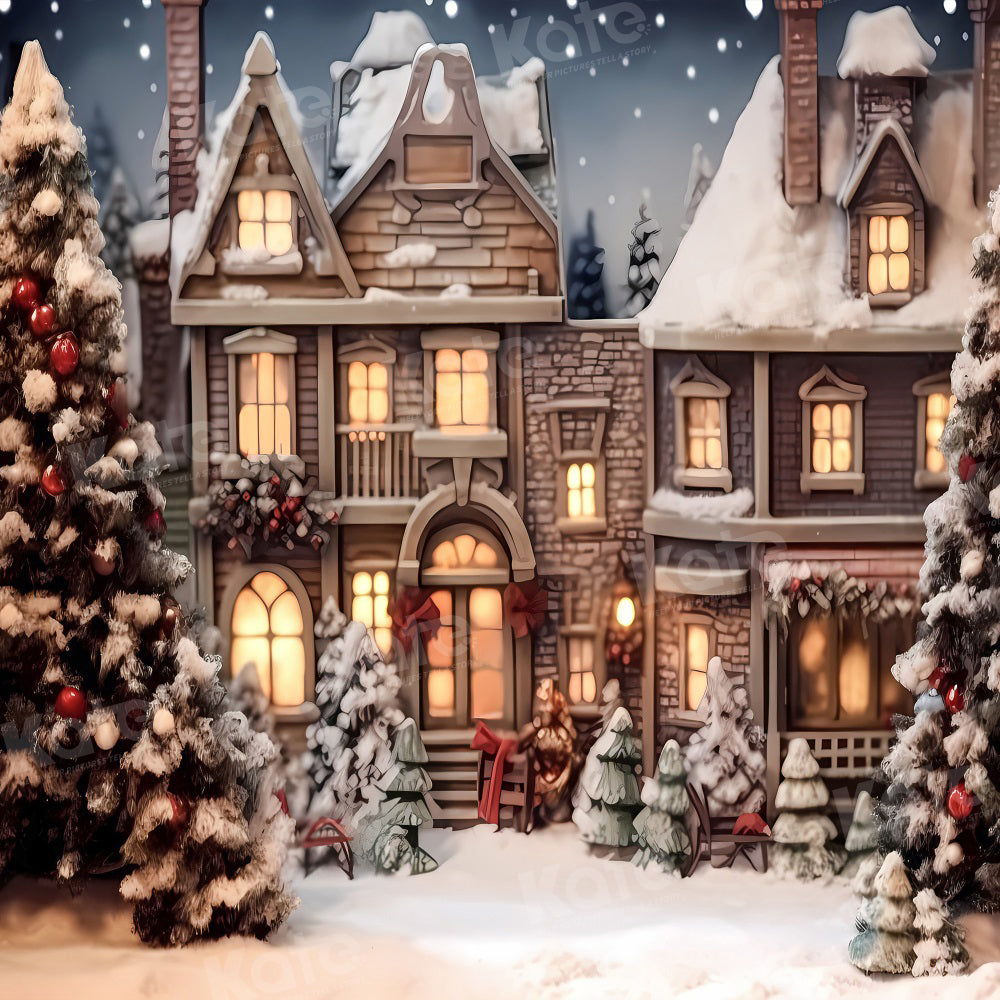Kate Christmas Snowy Town Tree Backdrop for Photography - Kate Backdrop AU