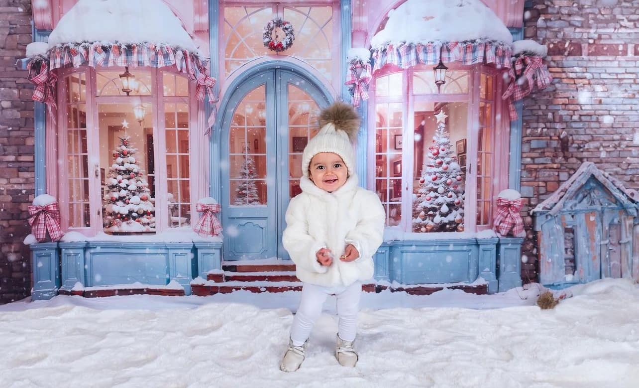 Kate Christmas Snowy Pink Street Store Room Set(8ftx8ft&10ftx8ft&8ftx10ft) - Kate Backdrop AU