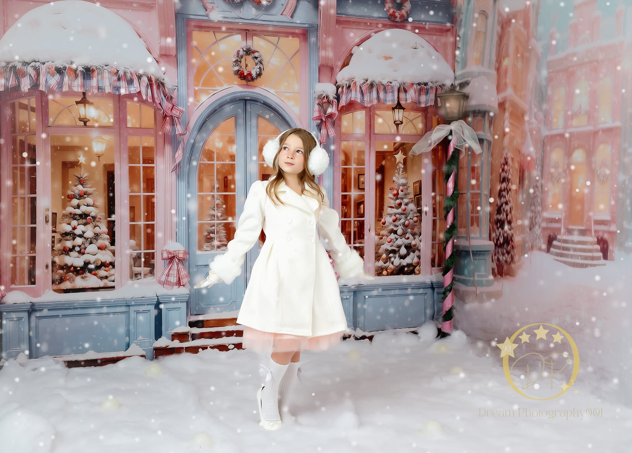 Kate Christmas Snowy Pink Street Store Room Set(8ftx8ft&10ftx8ft&8ftx10ft) - Kate Backdrop AU