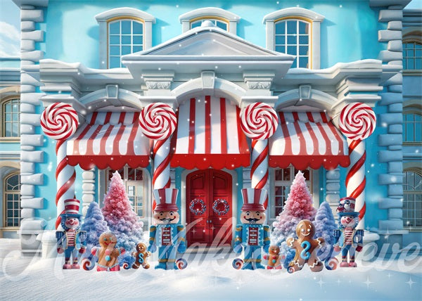 Kate Blue Red Christmas House Backdrop Designed by Mini MakeBelieve - Kate Backdrop AU