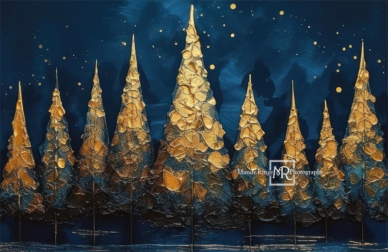 Kate Blue Gold Painted Holiday Trees Backdrop Designed by Mandy Ringe Photography - Kate Backdrop AU