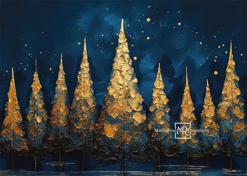Kate Blue Gold Painted Holiday Trees Backdrop Designed by Mandy Ringe Photography - Kate Backdrop AU