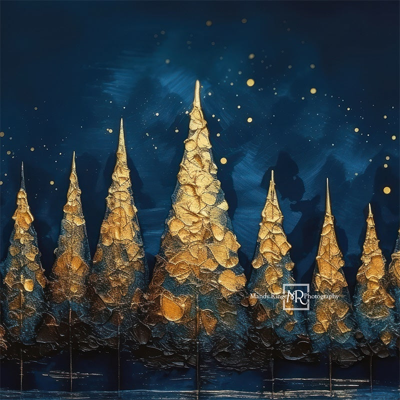 Kate Blue Gold Painted Holiday Trees Backdrop Designed by Mandy Ringe Photography - Kate Backdrop AU