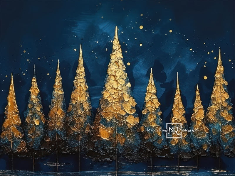Kate Blue Gold Painted Holiday Trees Backdrop Designed by Mandy Ringe Photography - Kate Backdrop AU