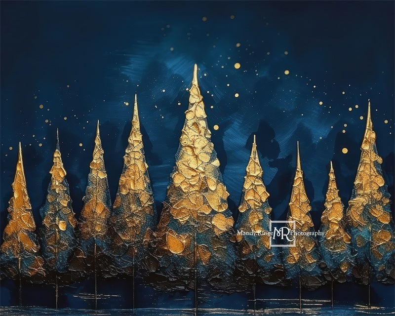 Kate Blue Gold Painted Holiday Trees Backdrop Designed by Mandy Ringe Photography - Kate Backdrop AU