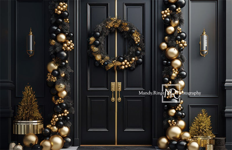 Kate Elegant Black and Gold Christmas Front Door Backdrop Designed by Mandy Ringe Photography - Kate Backdrop AU