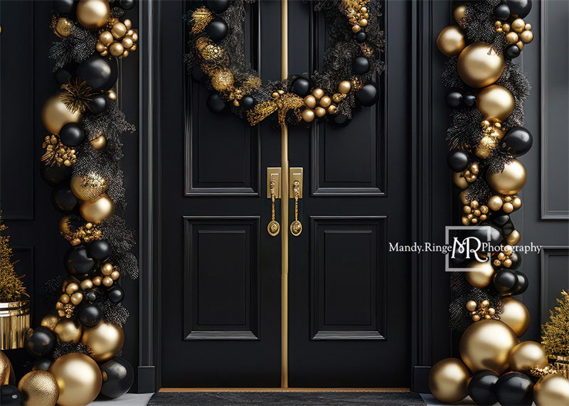 Kate Elegant Black and Gold Christmas Front Door Backdrop Designed by Mandy Ringe Photography - Kate Backdrop AU