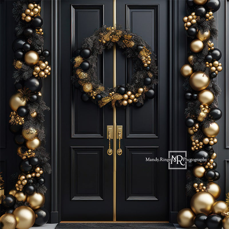 Kate Elegant Black and Gold Christmas Front Door Backdrop Designed by Mandy Ringe Photography - Kate Backdrop AU