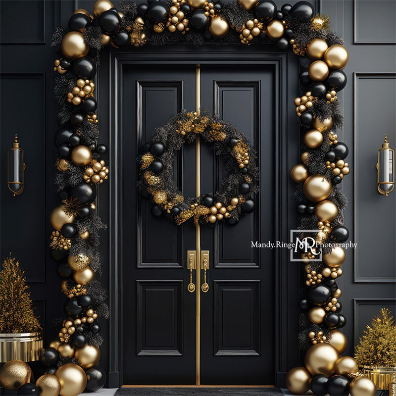 Kate Elegant Black and Gold Christmas Front Door Backdrop Designed by Mandy Ringe Photography - Kate Backdrop AU