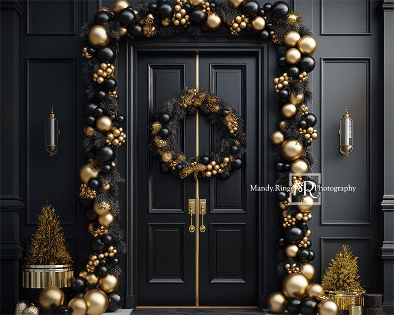 Kate Elegant Black and Gold Christmas Front Door Backdrop Designed by Mandy Ringe Photography - Kate Backdrop AU