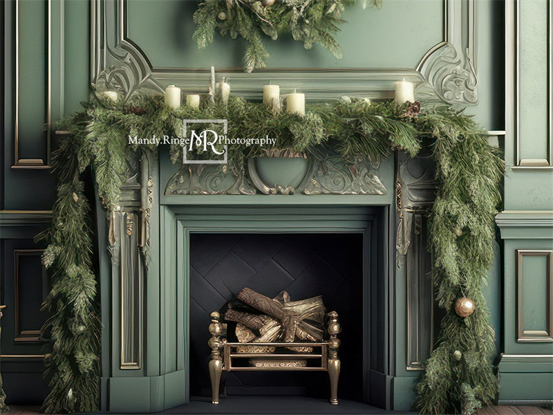 Kate Fireplace Christmas Greenery Fleece Backdrop Designed by Mandy Ringe Photography - Kate Backdrop AU