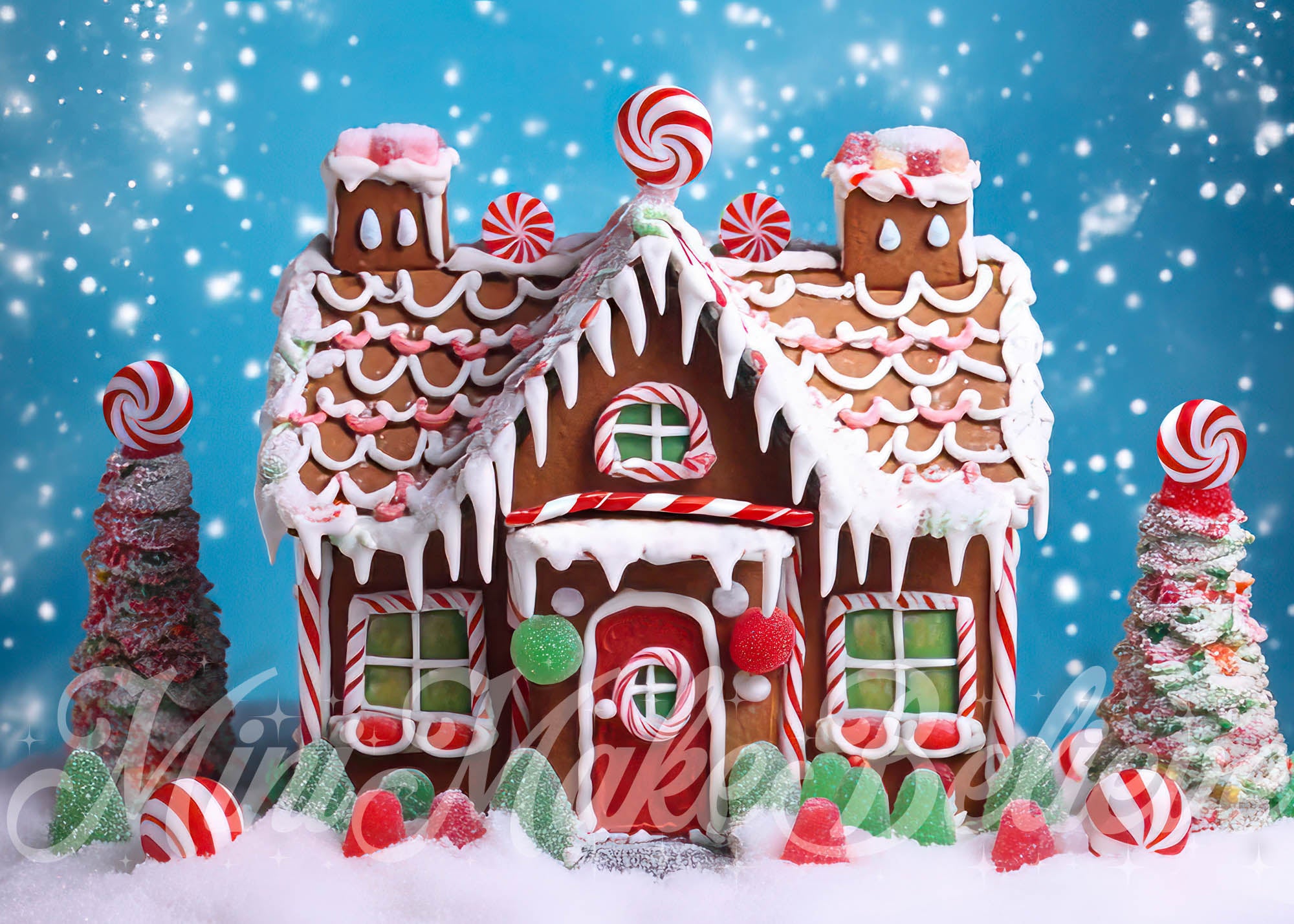 Kate Colorful Gingerbread House Backdrop Snow Winter Christmas Designed by Mini MakeBelieve - Kate Backdrop AU