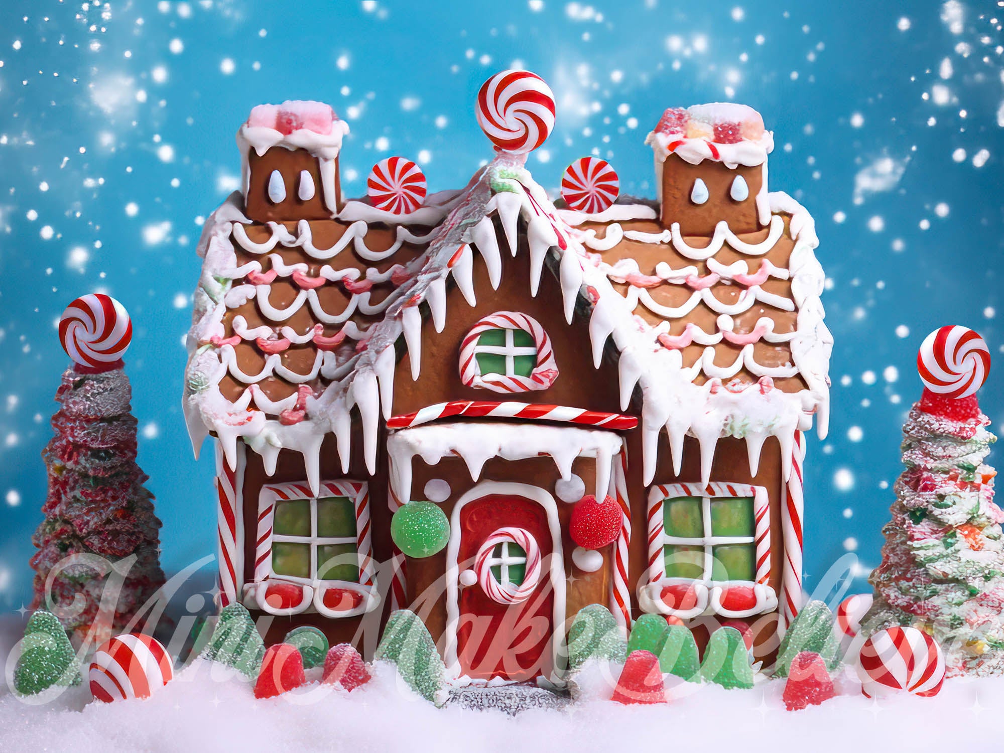 Kate Colorful Gingerbread House Backdrop Snow Winter Christmas Designed by Mini MakeBelieve - Kate Backdrop AU