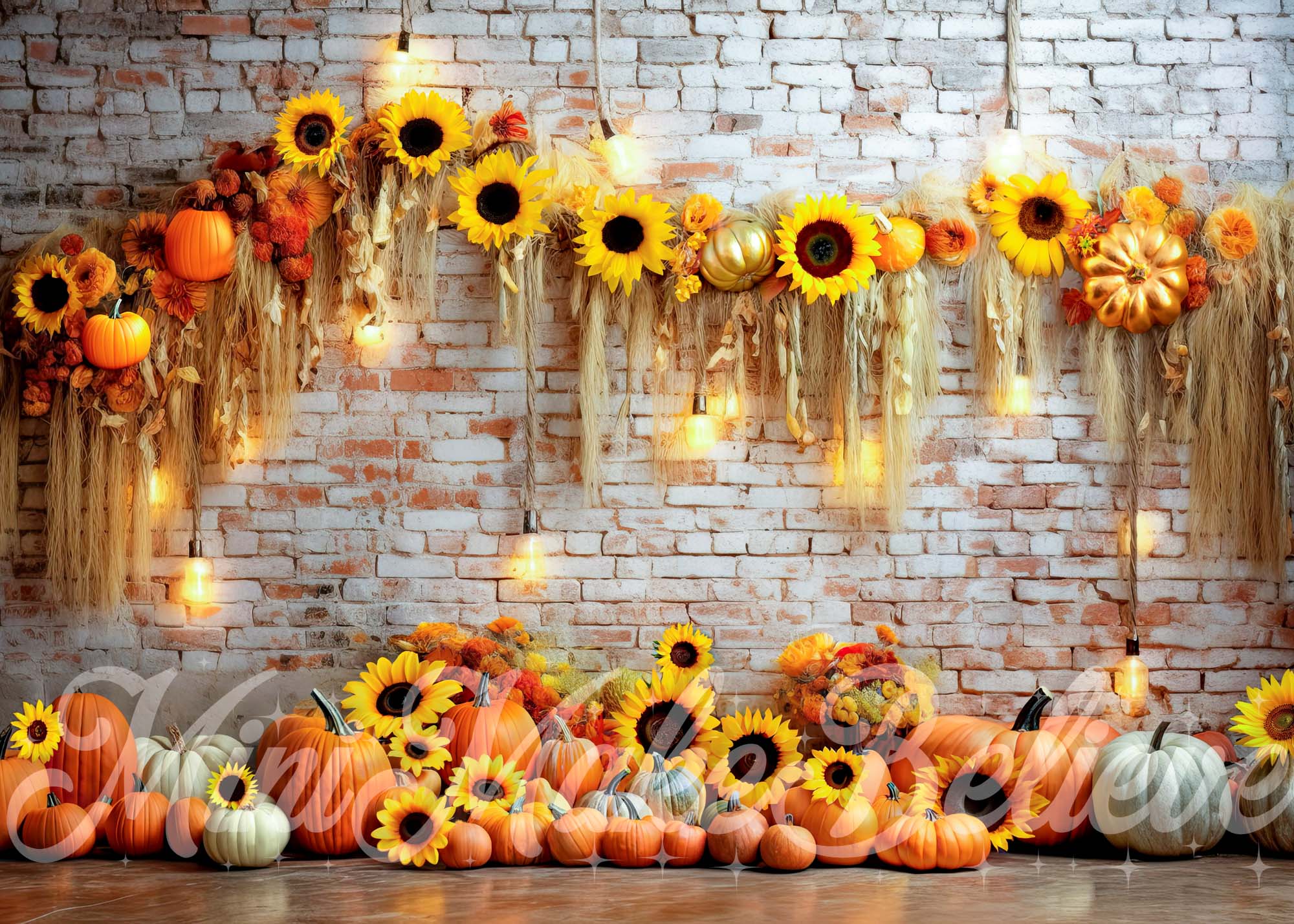 Kate Pumpkin Sunflower Brick Wall Backdrop Fall Autumn Designed by Mini MakeBelieve - Kate Backdrop AU